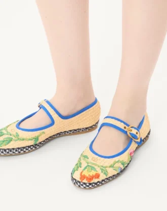 Bailarinas Mary Jane Endouce de rafia con bordado floral