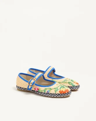Bailarinas Mary Jane Endouce de rafia con bordado floral