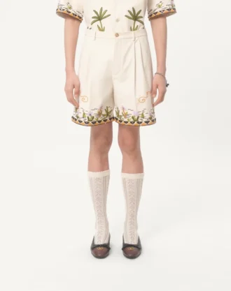 Bermudas de lona de algodón con bordados florales y ribetes jacquard