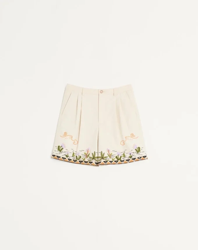 Bermudas de lona de algodón con bordados florales y ribetes jacquard Bermudas de lona de algodón con bordados florales y ribetes jacquard
