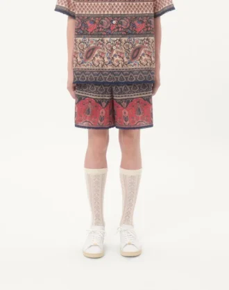 Bermudas de muselina de algodón con estampado Voyage Imaginaire y ribete de pasamanería