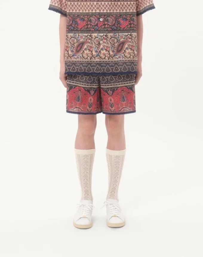 Bermudas de muselina de algodón con estampado Voyage Imaginaire y ribete de pasamanería Bermudas de muselina de algodón con estampado Voyage Imaginaire y ribete de pasamanería