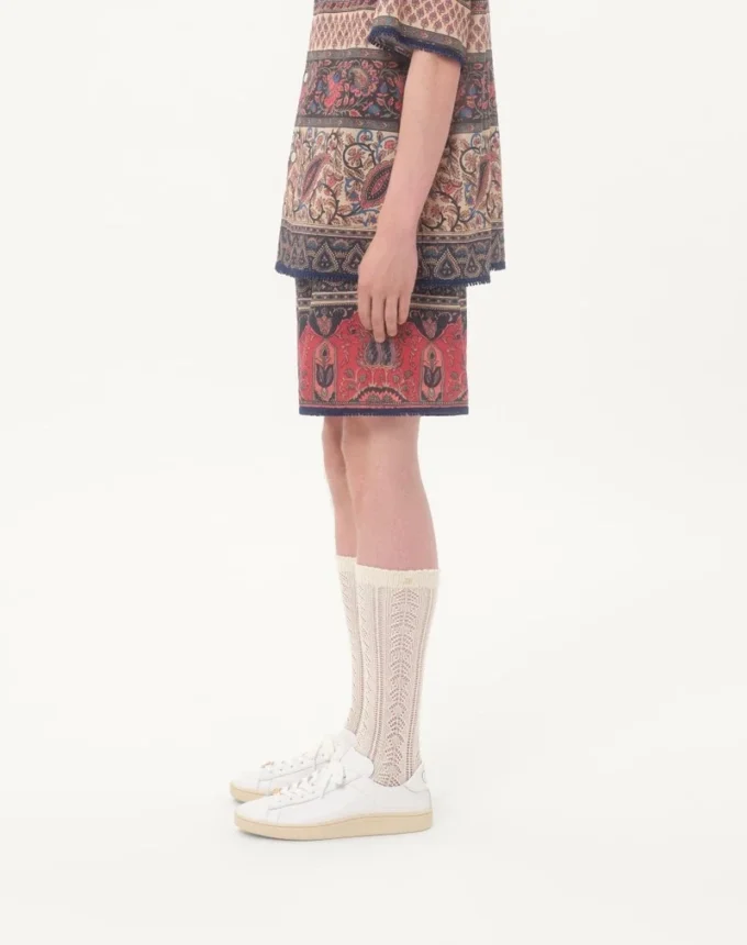 Bermudas de muselina de algodón con estampado Voyage Imaginaire y ribete de pasamanería Bermudas de muselina de algodón con estampado Voyage Imaginaire y ribete de pasamanería