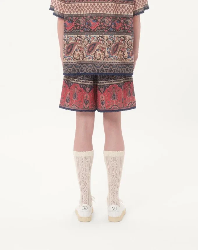 Bermudas de muselina de algodón con estampado Voyage Imaginaire y ribete de pasamanería Bermudas de muselina de algodón con estampado Voyage Imaginaire y ribete de pasamanería