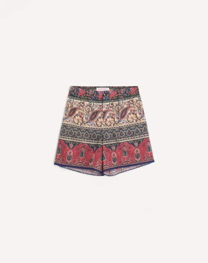 Bermudas de muselina de algodón con estampado Voyage Imaginaire y ribete de pasamanería Bermudas de muselina de algodón con estampado Voyage Imaginaire y ribete de pasamanería