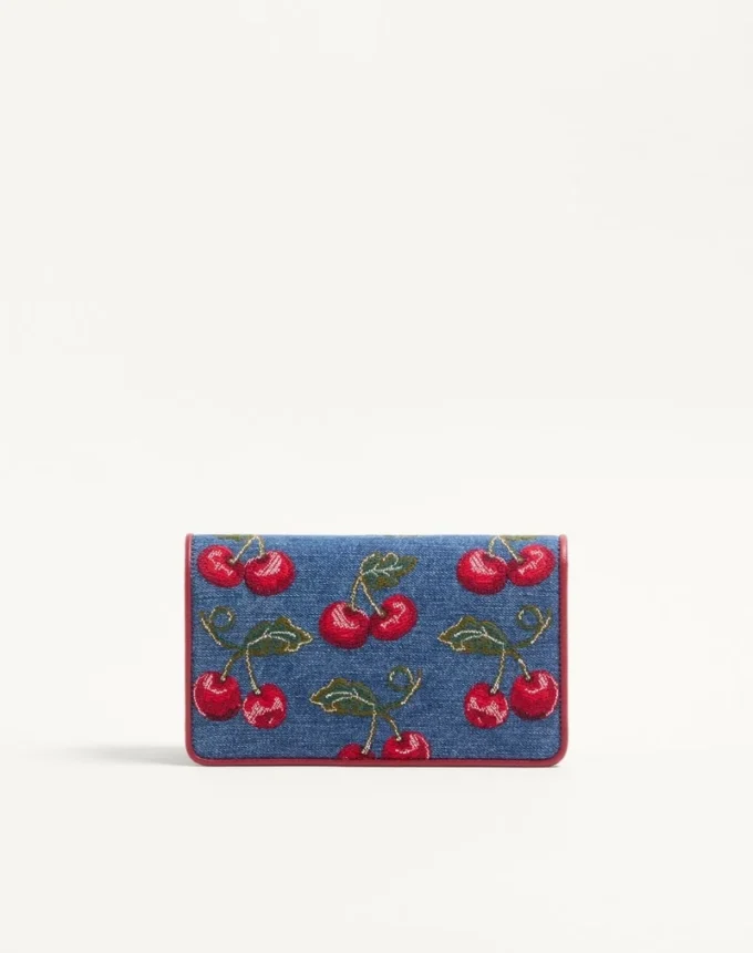 Bolso bandolera mini de denim con bordado Cherryfic y logotipo VLogo