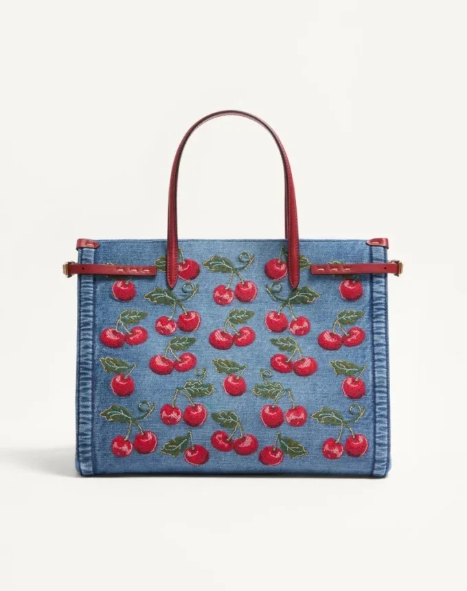 Bolso mediano Antibes de Valentino Garavani en denim con bordado Cherryfic