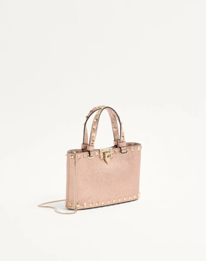 Bolso mini shopping Rockstud en piel de becerro granulada laminada