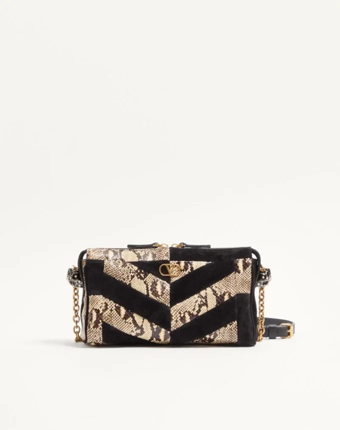 Bolso pequeño de hombro Panthea de Valentino Garavani en pitón y ante con estampado en forma de chevron Bolso pequeño de hombro Panthea de Valentino Garavani en pitón y ante con estampado en forma de chevron