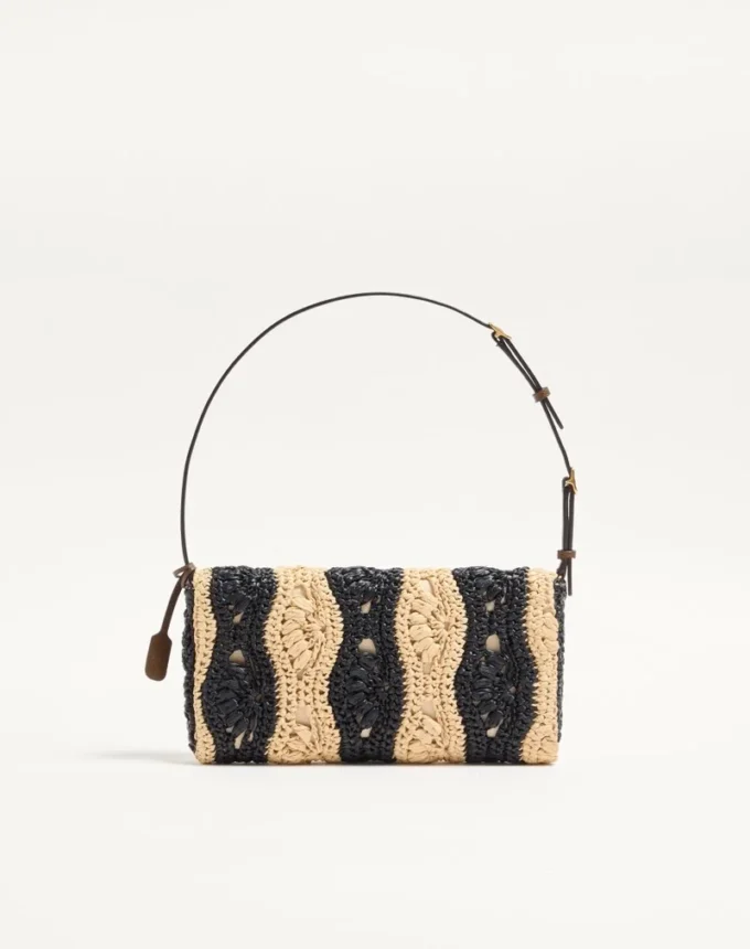Bolso pequeño de hombro Valentino Garavani DeVain en rafia con estampado de ondas