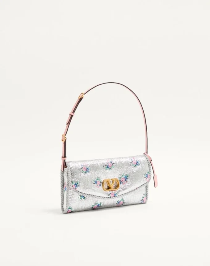 Bolso pequeño de hombro Valentino Garavani DeVain en tejido jacquard lurex floral