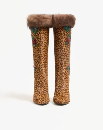 Bota Hotty en piel de becerro con efecto poni, bordado floral y pelo de 100 mm