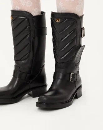 Botas moteras Rayons en piel de becerro y napa con patrón Chevron de 40 mm