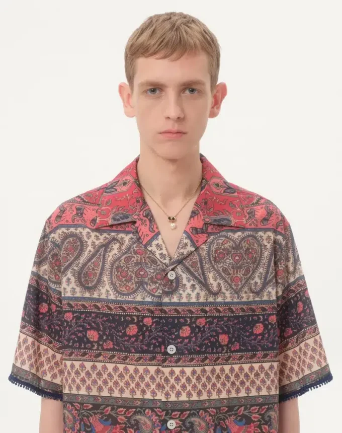 Camisa de bolos de muselina de algodón con estampado Voyage Imaginaire y ribetes de pasamanería Camisa de bolos de muselina de algodón con estampado Voyage Imaginaire y ribetes de pasamanería