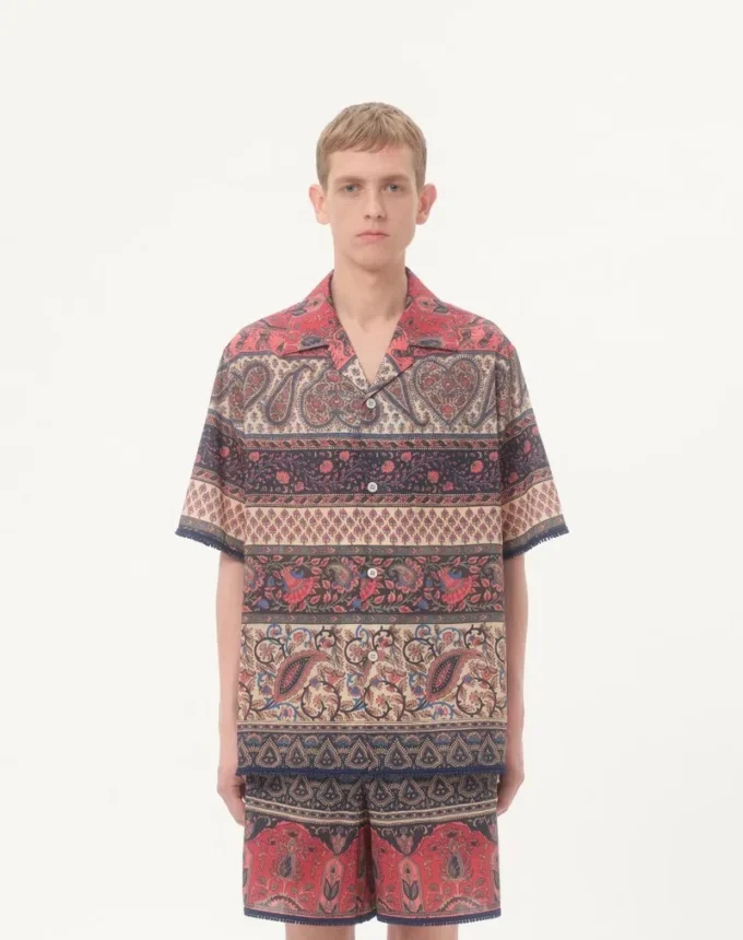 Camisa de bolos de muselina de algodón con estampado Voyage Imaginaire y ribetes de pasamanería Camisa de bolos de muselina de algodón con estampado Voyage Imaginaire y ribetes de pasamanería
