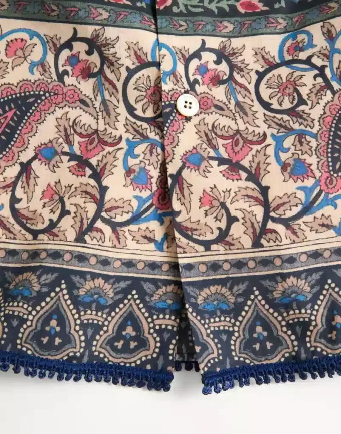 Camisa de bolos de muselina de algodón con estampado Voyage Imaginaire y ribetes de pasamanería Camisa de bolos de muselina de algodón con estampado Voyage Imaginaire y ribetes de pasamanería