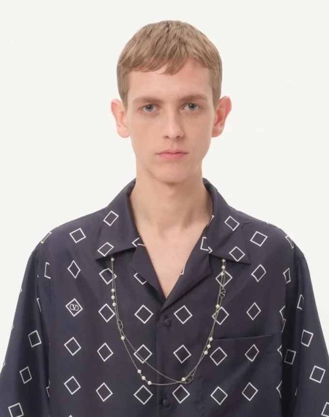 Camisa de bowling de sarga de seda con estampado Opticool