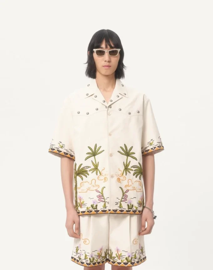 Camisa de lona de algodón con bordado floral Camisa de lona de algodón con bordado floral