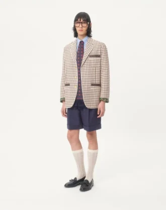 Chaqueta de algodón de un solo pecho con estampado de cuadros y bordes estampados
