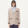 Chaqueta de algodón de un solo pecho con estampado de cuadros y bordes estampados