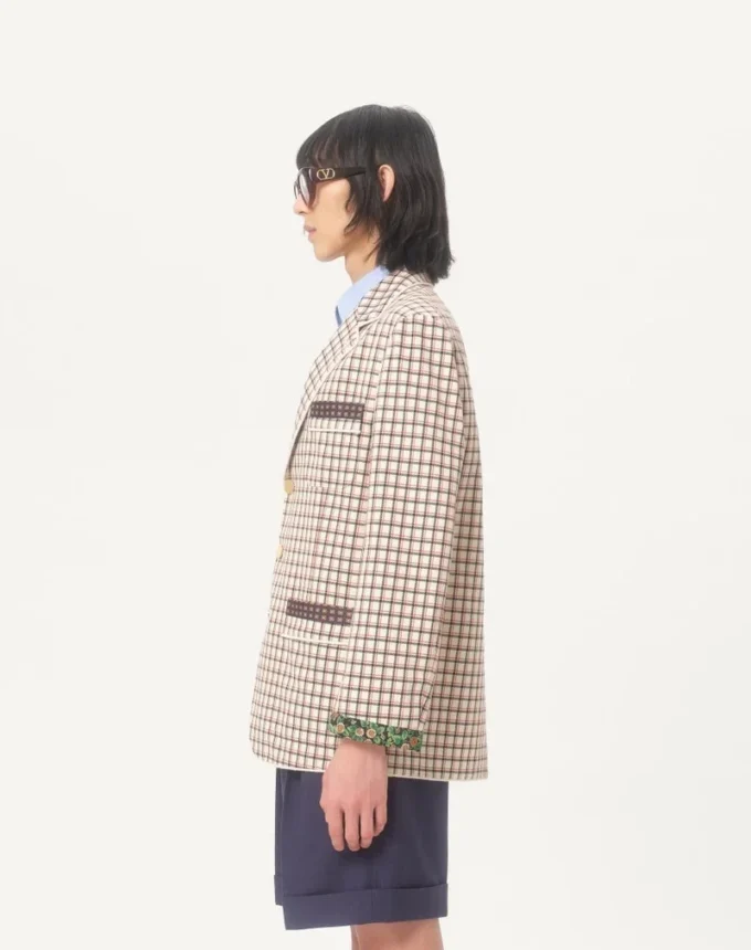 Chaqueta de algodón de un solo pecho con estampado de cuadros y bordes estampados