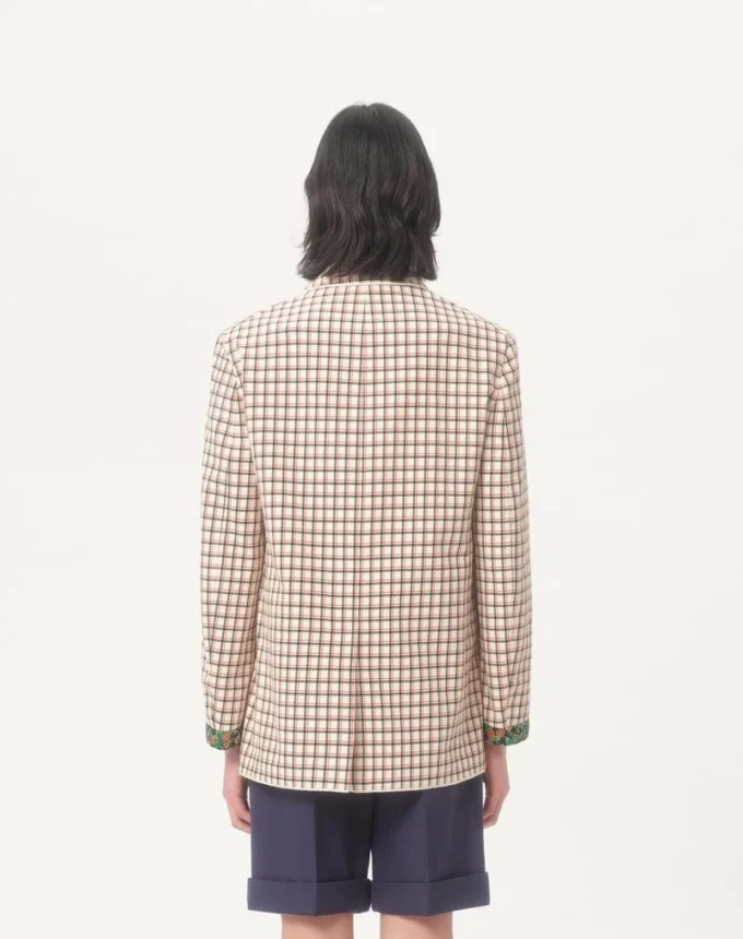 Chaqueta de algodón de un solo pecho con estampado de cuadros y bordes estampados