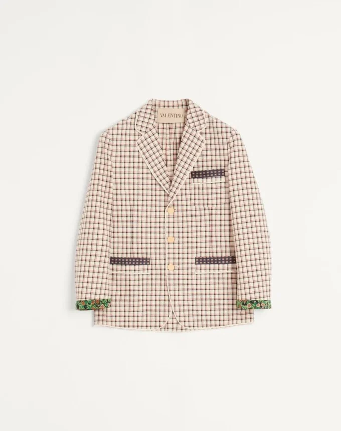 Chaqueta de algodón de un solo pecho con estampado de cuadros y bordes estampados