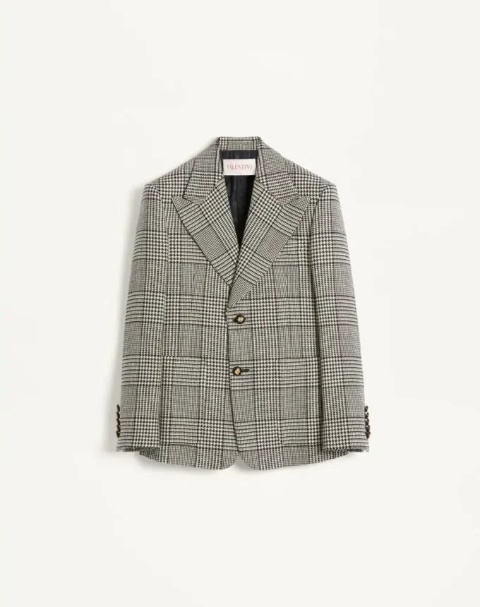 Chaqueta de lana de botonadura sencilla con estampado de cuadros en pata de gallo Chaqueta de lana de botonadura sencilla con estampado de cuadros en pata de gallo