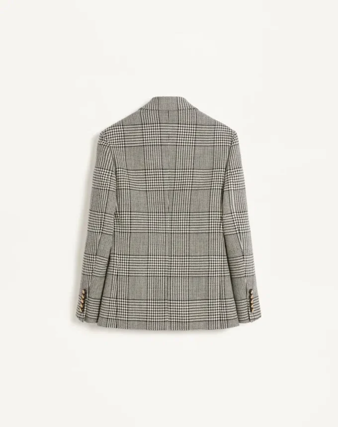 Chaqueta de lana de botonadura sencilla con estampado de cuadros en pata de gallo Chaqueta de lana de botonadura sencilla con estampado de cuadros en pata de gallo