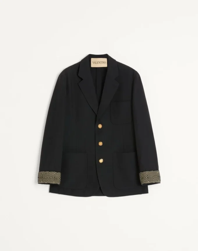 Chaqueta de lana y algodón de botonadura sencilla con ribetes jacquard Chaqueta de lana y algodón de botonadura sencilla con ribetes jacquard