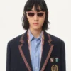 Chaqueta de lino de botonadura sencilla con bordados de abalorios y parches Chaqueta de lino de botonadura sencilla con bordados de abalorios y parches