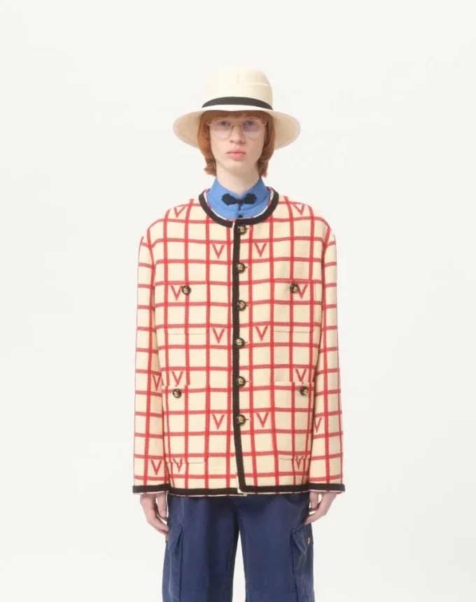 Chaqueta de mezcla de lana con estampado de cuadros en V