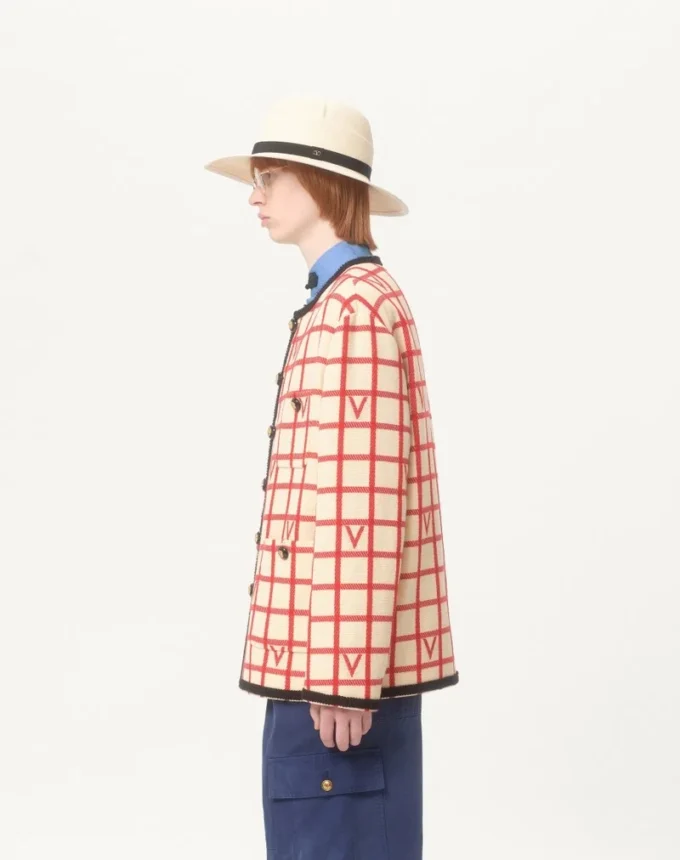 Chaqueta de mezcla de lana con estampado de cuadros en V