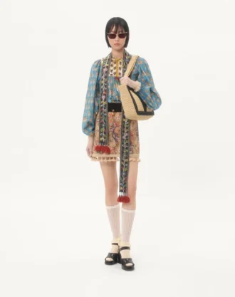 Falda bordada sobre piqué con estampado Paisley Voyage Imaginaire