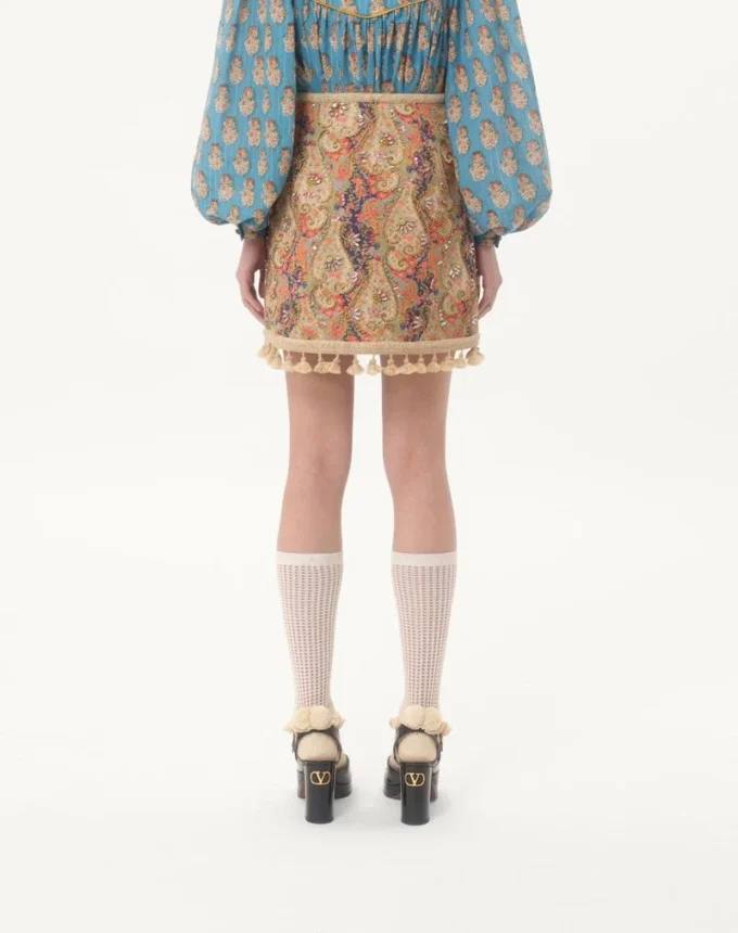 Falda bordada sobre piqué con estampado Paisley Voyage Imaginaire Falda bordada sobre piqué con estampado Paisley Voyage Imaginaire