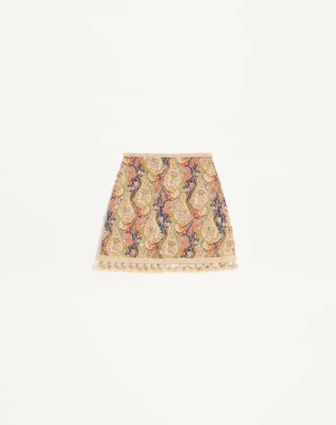 Falda bordada sobre piqué con estampado Paisley Voyage Imaginaire Falda bordada sobre piqué con estampado Paisley Voyage Imaginaire