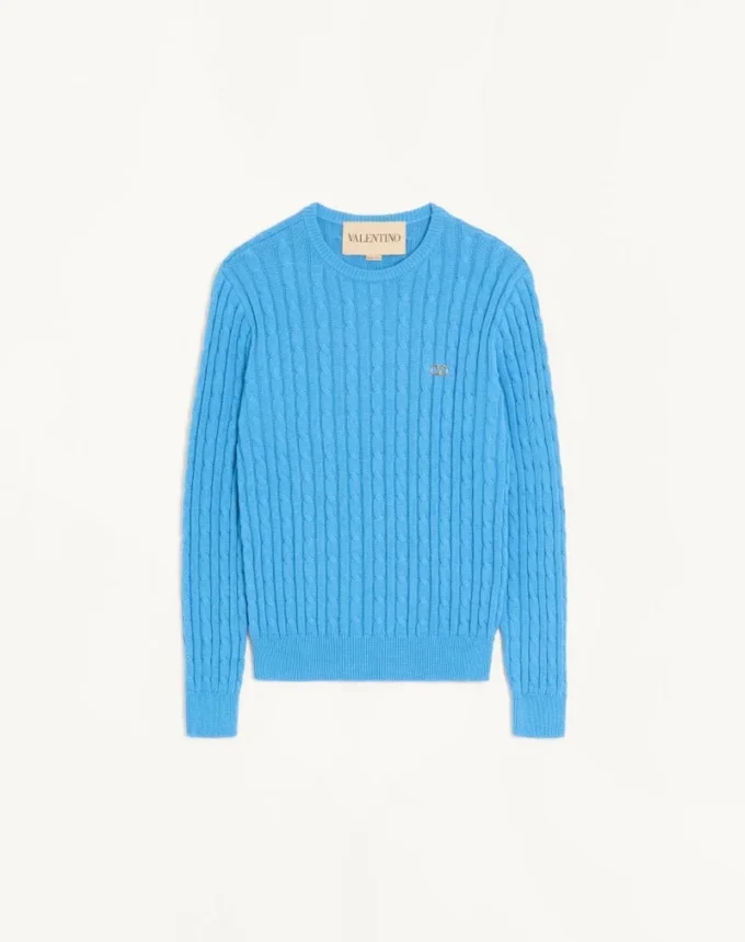 Jersey de cuello redondo de algodón con trenzado de Valentino y logotipo V en el pecho Jersey de cuello redondo de algodón con trenzado de Valentino y logotipo V en el pecho