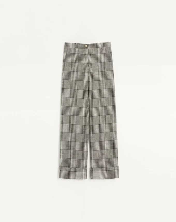 Pantalones de lana con estampado de pata de gallo Pantalones de lana con estampado de pata de gallo
