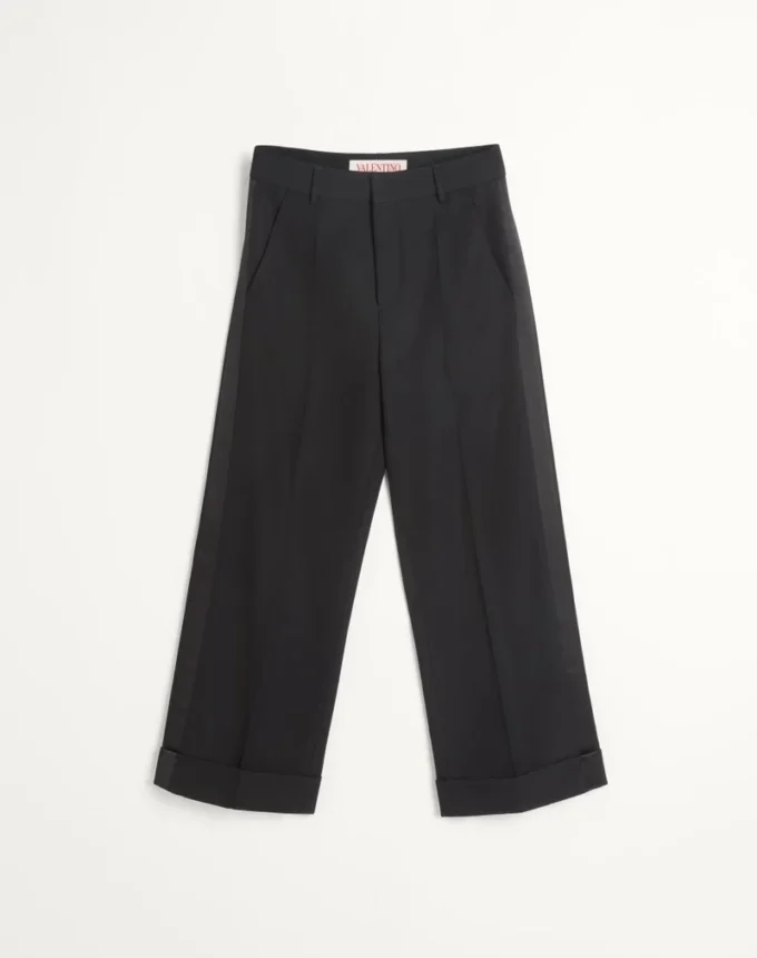 Pantalones de lana con puños y bandas laterales de satén