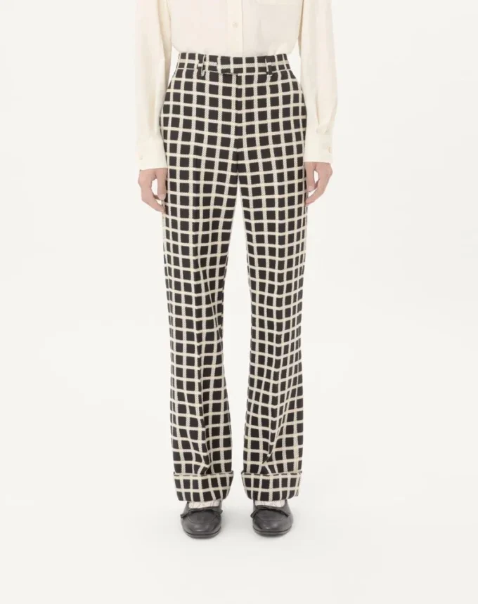 Pantalones de mezcla de lana con estampado de cuadros y vuelta Pantalones de mezcla de lana con estampado de cuadros y vuelta