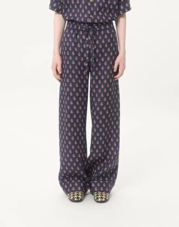 Pantalones ligeros de lino con vuelta y estampado Voyage Imaginaire