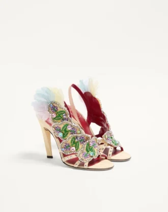 Sandalias Dans Le Foyer en tejido moiré con bordados florales y plumas 105 mm