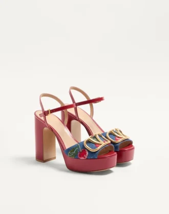 Sandalias de plataforma de denim con bordado Cherryfic y detalle VLogo Signature de 115 mm