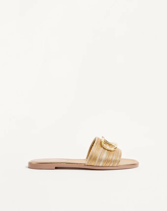 Sandalias deslizantes de piel metalizada con el logotipo VLogo y bordado Cornely
