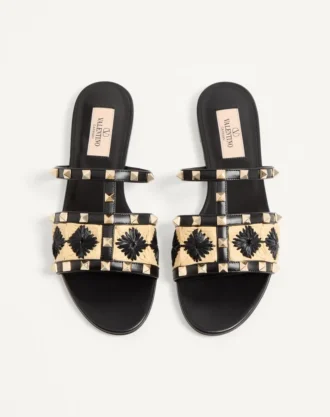 Sandalias Rockstud con bordado de rafia a cuadros