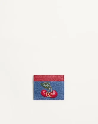Tarjetero de denim con el logotipo VLogo y bordado Cherryfic