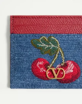 Tarjetero de denim con el logotipo VLogo y bordado Cherryfic