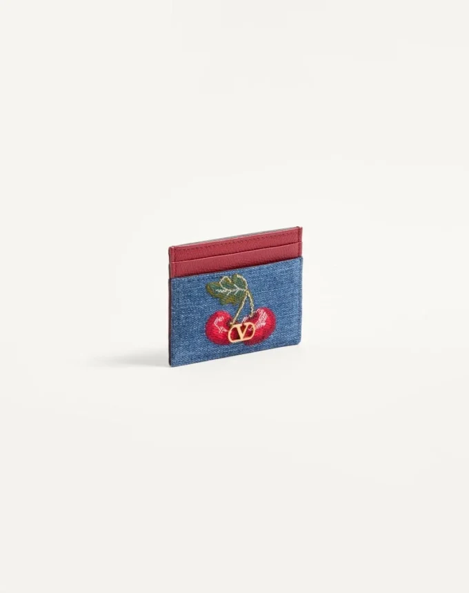 Tarjetero de denim con el logotipo VLogo y bordado Cherryfic Tarjetero de denim con el logotipo VLogo y bordado Cherryfic