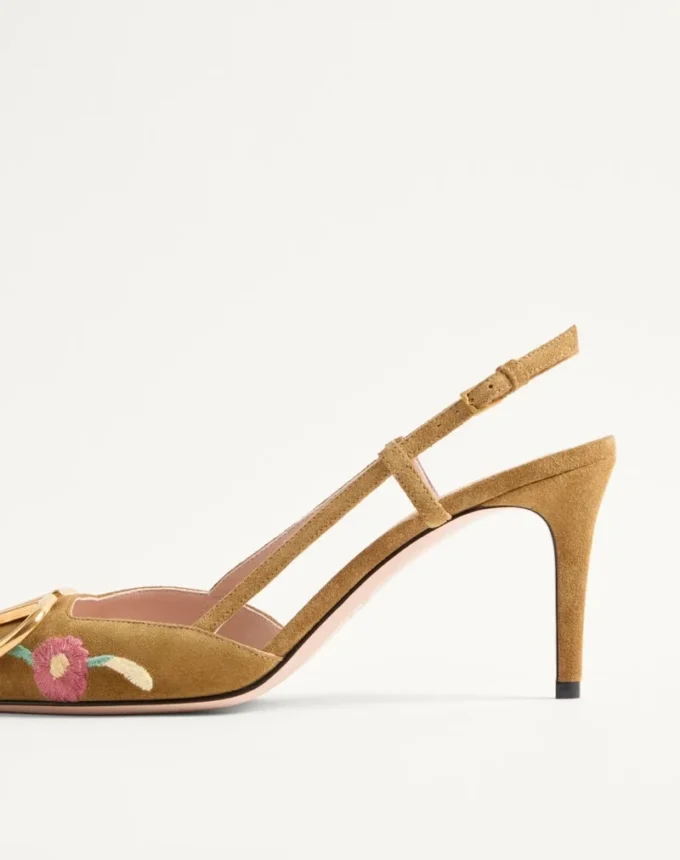 Zapatos de salón con talón abierto VLogo Signature en piel crust con bordado floral de 80 mm Zapatos de salón con talón abierto VLogo Signature en piel crust con bordado floral de 80 mm