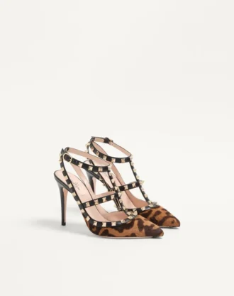 Zapatos de salón Rockstud con tiras en piel de becerro efecto pony 100 mm